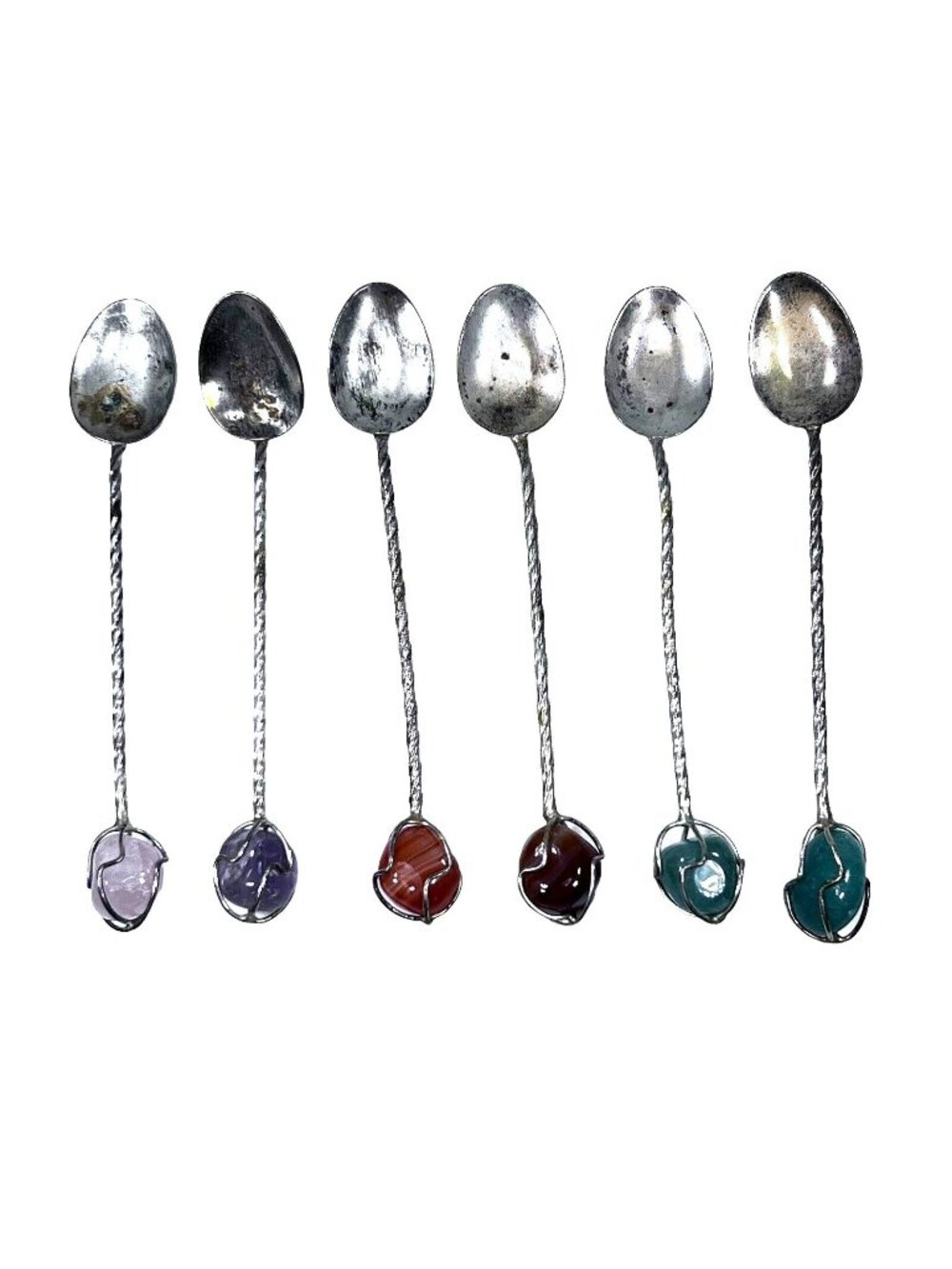 Vtg Gemstone Spoons Set of 6 Twisted Wire Wrapped Demitasse Tea Mini Server